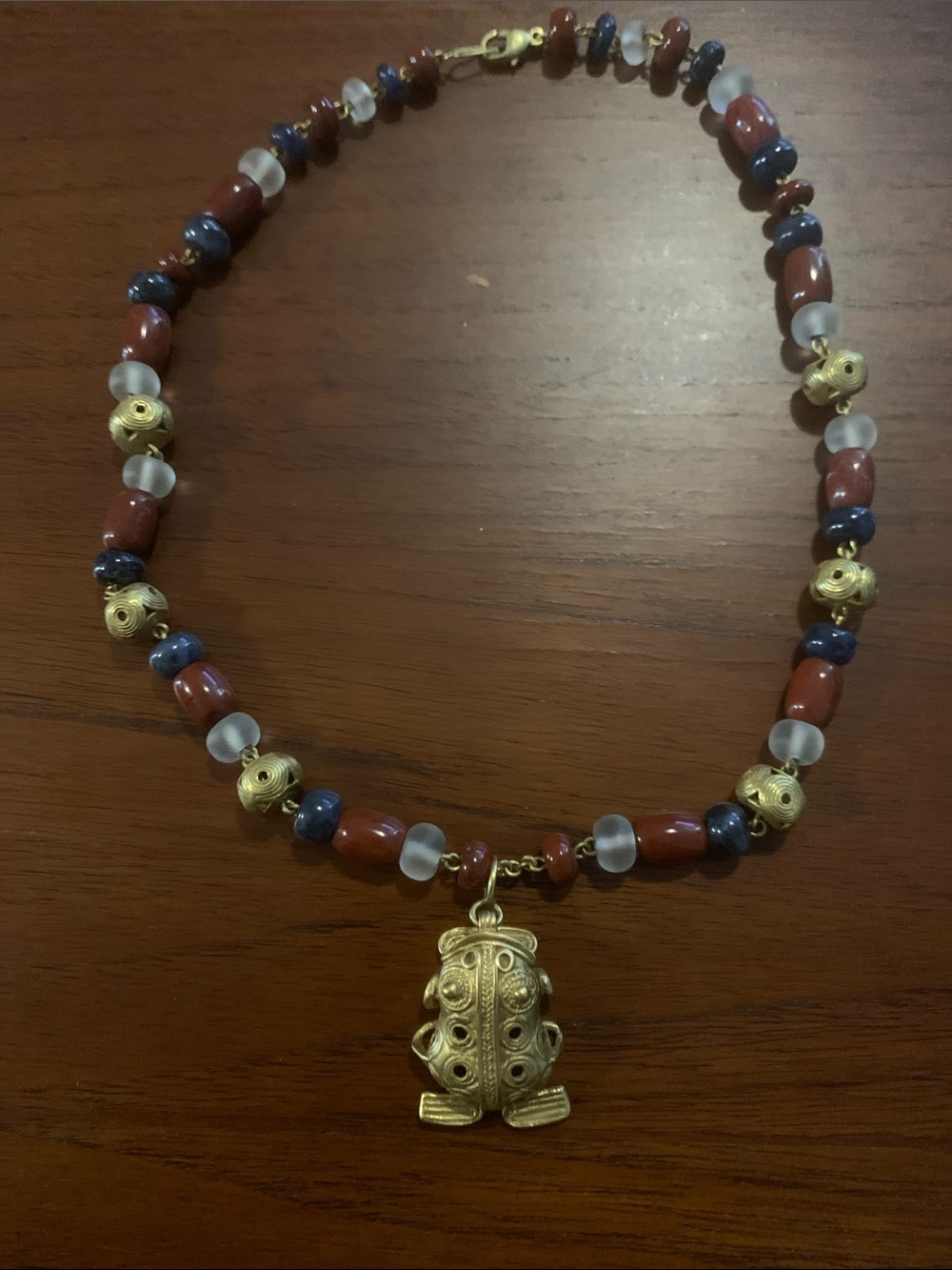 Vintage Brass Frog Pendant Necklace with Stones and Glass